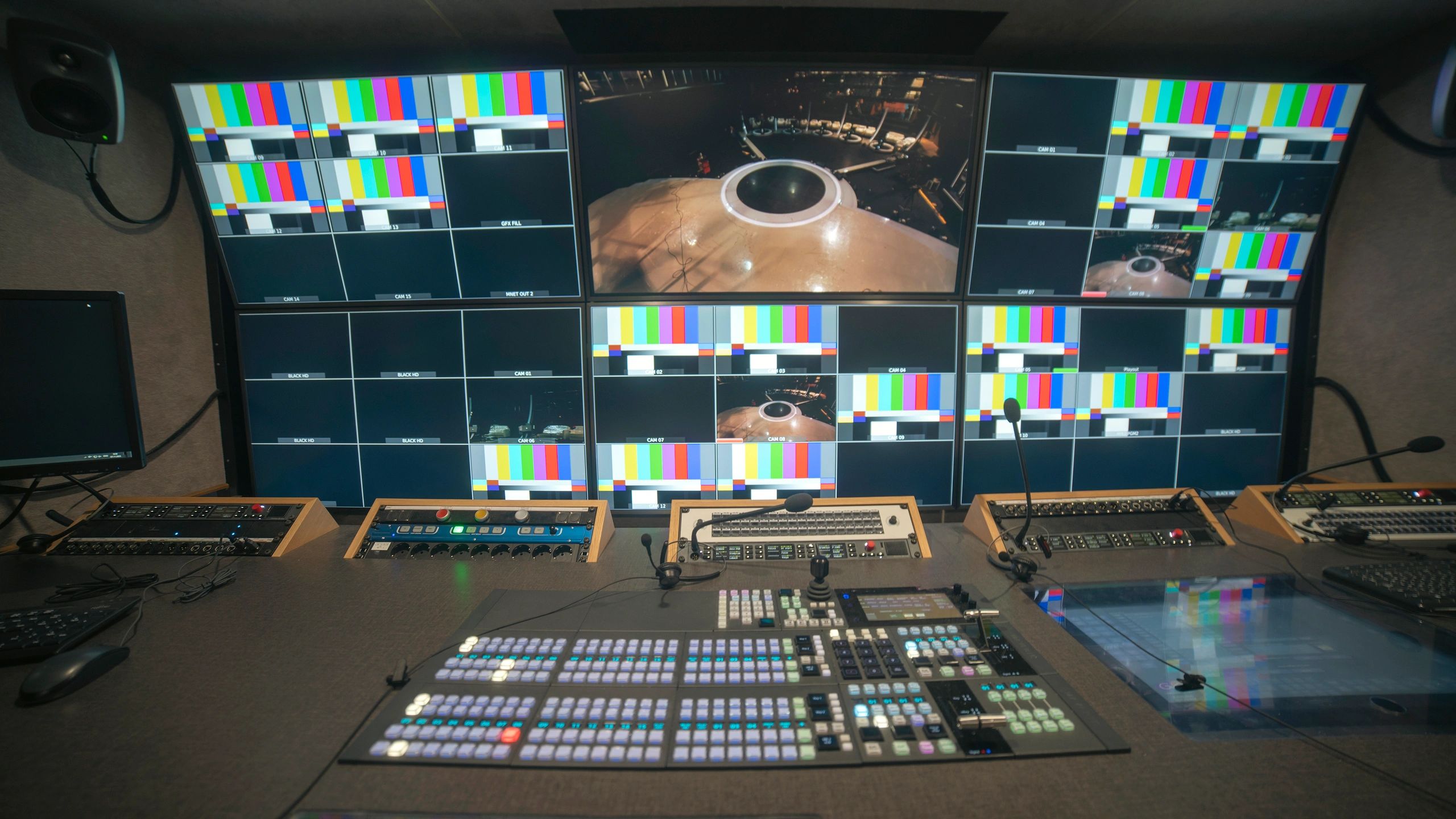 Professional broadcast control room with multiview monitors and production equipment